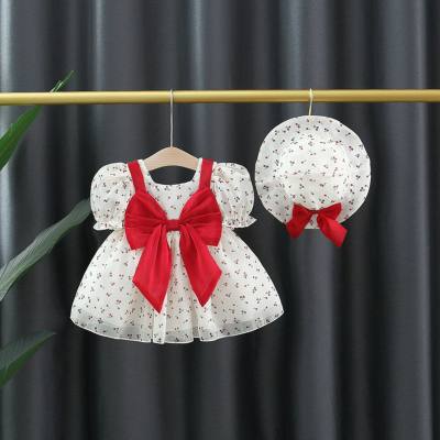 New summer style one-year-old baby girl cherry princess dress puff sleeves bow with sun hat