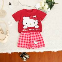 Summer girl casual cartoon suit baby cute loose T-shirt plaid shorts suit  Red