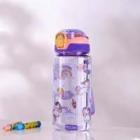 Cartoon trendy water cup portable outdoor large capacity student and child straw plastic water bottle 600mL  Purple