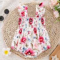 New style baby sling romper with fashionable and cute flying sleeves and pleated jumpsuit crawling clothes  White