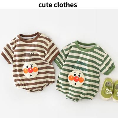 Summer new baby striped boys and girls baby cartoon three-dimensional smiley face stickers onesie short-sleeved cotton romper