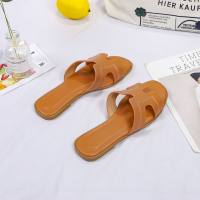 Korean spring slippers for women fashion outer wear new flat beach shoes one word sandals slippers for women  Orange
