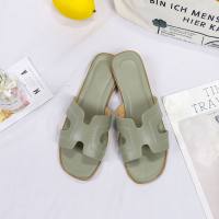 Korean spring slippers for women fashion outer wear new flat beach shoes one word sandals slippers for women  Green