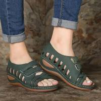 Sapatos femininos de tamanho grande oco velcro sandálias de cunha de tamanho grande  Verde profundo
