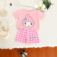 Summer girl casual cartoon suit baby cute loose T-shirt plaid shorts suit  Pink