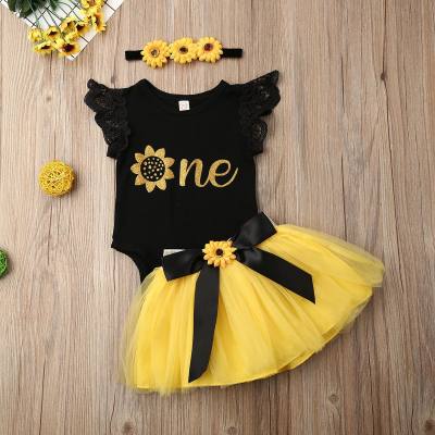 Infant and toddler jumpsuit triangle crawling suit gauze skirt girl sunflower jumpsuit three-piece set