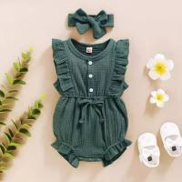 Pure cotton type A bag fart clothing European and American baby INS style jumpsuit sleeveless harem suit fashionable hairband crawling suit  Green