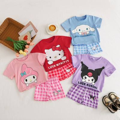 Summer girl casual cartoon suit baby cute loose T-shirt plaid shorts suit