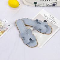 Korean spring slippers for women fashion outer wear new flat beach shoes one word sandals slippers for women  Blue