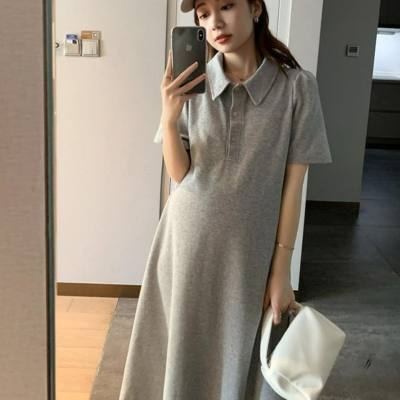 Macacão de maternidade nova moda verão cor sólida lapela manga curta solta estilo médio longo quente mãe estilo ocidental camiseta saia
