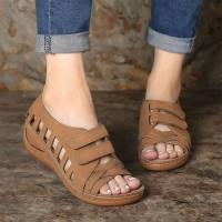 Large size women's shoes hollow Velcro large size wedge sandals  Brown
