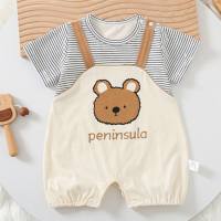 Baby short-sleeved jumpsuit for newborns, cartoon bear jumpsuit, fashionable boy and girl baby outdoor crawling clothes  Beige