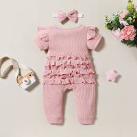 ملابس الأطفال بدلة قفز للفتيات الصغيرات ملابس صيفية للأطفال حديثي الولادة بأكمام قصيرة ملابس زحف  وردي 