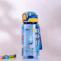 Cartoon trendy water cup portable outdoor large capacity student and child straw plastic water bottle 600mL  Blue
