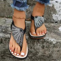 Summer new glass rhinestone woven beach sandals for women large size herringbone women's sandals  Black