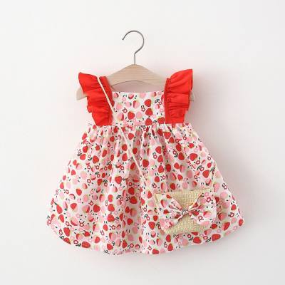 Summer new baby girl flying sleeve dress trendy girl strawberry print children's dress comes with shoulder bag