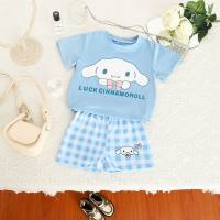 Summer girl casual cartoon suit baby cute loose T-shirt plaid shorts suit  Blue