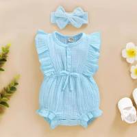 Pure cotton type A bag fart clothing European and American baby INS style jumpsuit sleeveless harem suit fashionable hairband crawling suit  Blue
