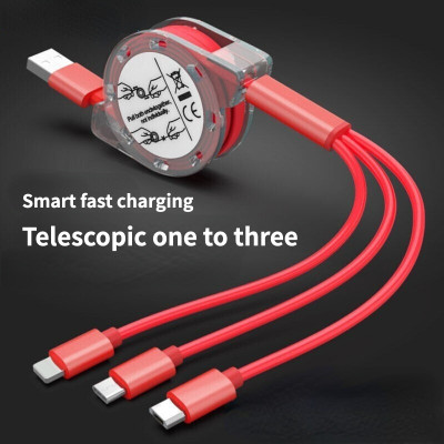 One-to-three retractable metal data cable mobile phone fast charging LOGO gift car creative three-in-one charging cable manufacturer