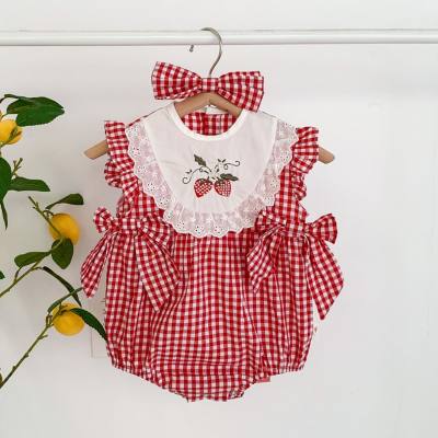 Novo verão xadrez vermelho fino bordado rendas algodão triângulo bebê menina macacão com faixa de cabelo