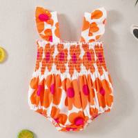 New style baby sling romper with fashionable and cute flying sleeves and pleated jumpsuit crawling clothes  Orange