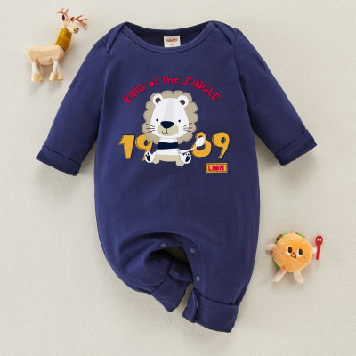 Baby Boy Letter and Lion Printed Long-sleeved Long-leg Romper