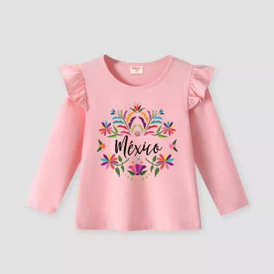 Camiseta de manga larga con volantes y estampado de letras florales para niños pequeños