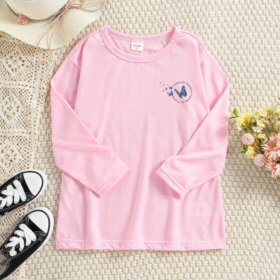 Kid Girl Solid Color Butterfly Printed Long Sleeve T-shirt