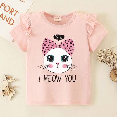 hibobi Girl Baby Bow Tie Cat Fly Sleeve T-shirt