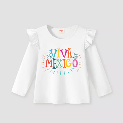 Camiseta de manga larga con volantes y estampado de letras para niños pequeños
