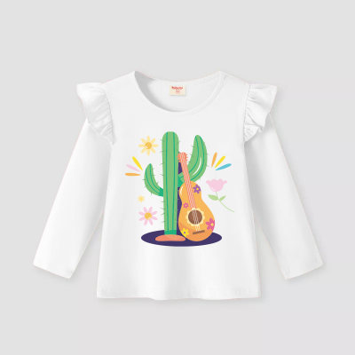 Camiseta de manga larga con volantes y estampado de cactus para niños pequeños