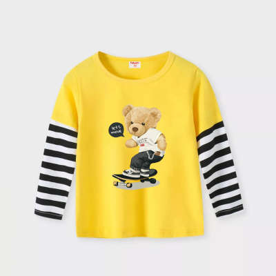 Toddler Boy Pure Cotton Bear Printed Stripe Pattern Long Sleeve T-shirt