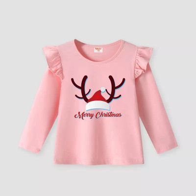 Camiseta de manga comprida com letra de veado de Natal para criança impressa em bloco colorido