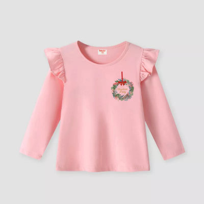 Camiseta de manga comprida com estampa floral de letras de natal infantil