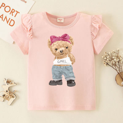 hibobi Girl Baby Bow Bear Print Fly Sleeve T-shirt