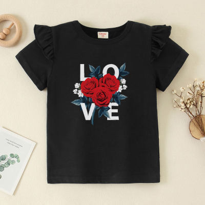 hibobi Girl Baby Alphabet Roses Print Fly Sleeve T-Shirt Suit
