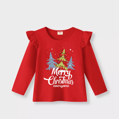 Camiseta de manga comprida com letra de árvore de Natal infantil impressa em bloco colorido