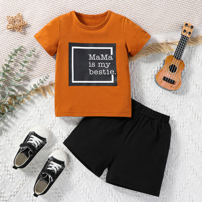 2-piece Toddler Boy Color-block Letter Printed Short Sleeve T-shirt & Solid Color Shorts