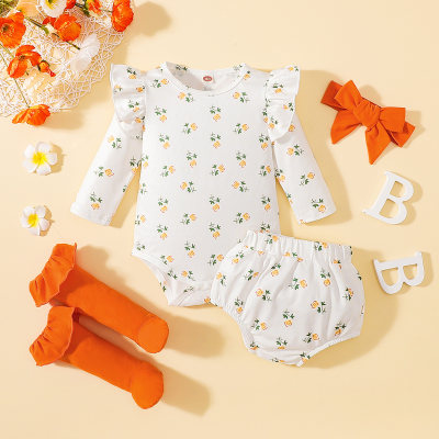 4-piece Baby Girl Allover Floral Printed Long Fly Sleeve Romper & Underwear & Socks & Headwrap