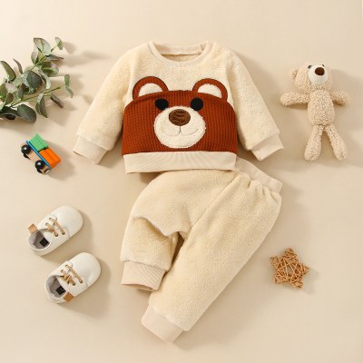 2-piece Baby Polar Fleece Color-block Bear Style Patchwork Sweatshirt & Solid Color Pants