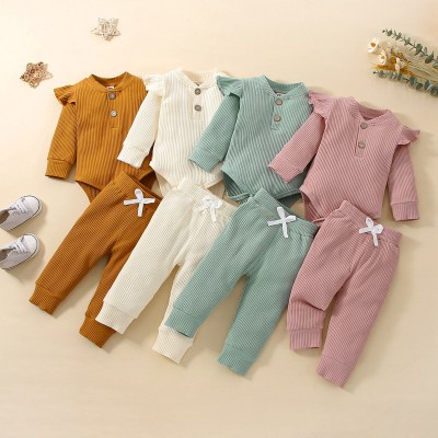 2-piece Baby 100% Cotton Solid Color Ribbed Button Front Long Fly Sleeve Romper & Bowknot Decor Pants