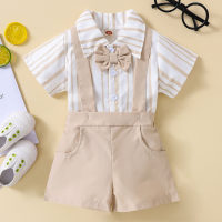 Bebé niño 2 piezas rayas verticales lazo decoración camisa y pantalones cortos de tirantes de color sólido  Albaricoque