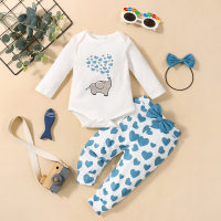 Baby Girl Elephant Heart-shaped Pattern Romper & Pants With Headband  Blue