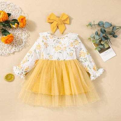 Baby Floral Lace Mesh Patchwork Lapel Long Sleeve Dress With Headband