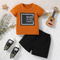 2-piece Toddler Boy Color-block Letter Printed Short Sleeve T-shirt & Solid Color Shorts  Brown