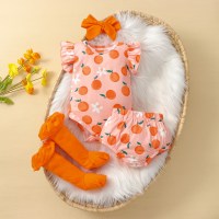 Baby Mädchen 4-teiliger Blumen-Bodysuit mit Rüschenärmeln und Super-Shorts mit Stirnband und Strümpfen  Orange