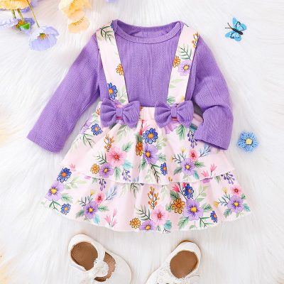 Mameluco de manga larga de color sólido para bebé y vestido de mono con decoración de lazo con estampado floral