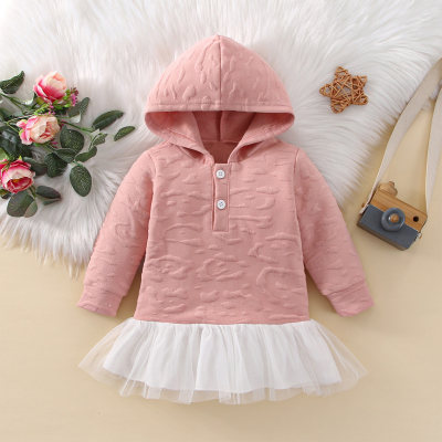Baby Girl Solid Color Mesh Patchwork Button Front Hooded Long Sleeve Dress