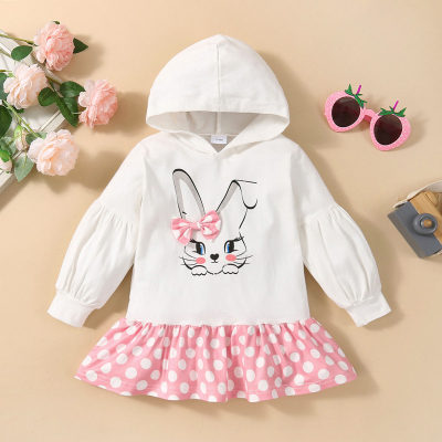 Vestido de manga farol con capucha y patchwork con estampado de conejo de lunares para bebé
