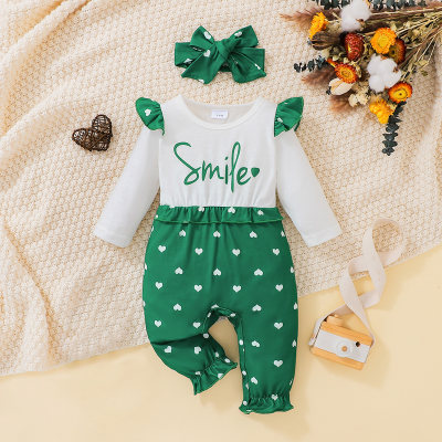 2-piece Baby Girl Ruffled Color-block Letter Printed Heat Dotted Long-sleeved Long-leg Romper & Headwrap